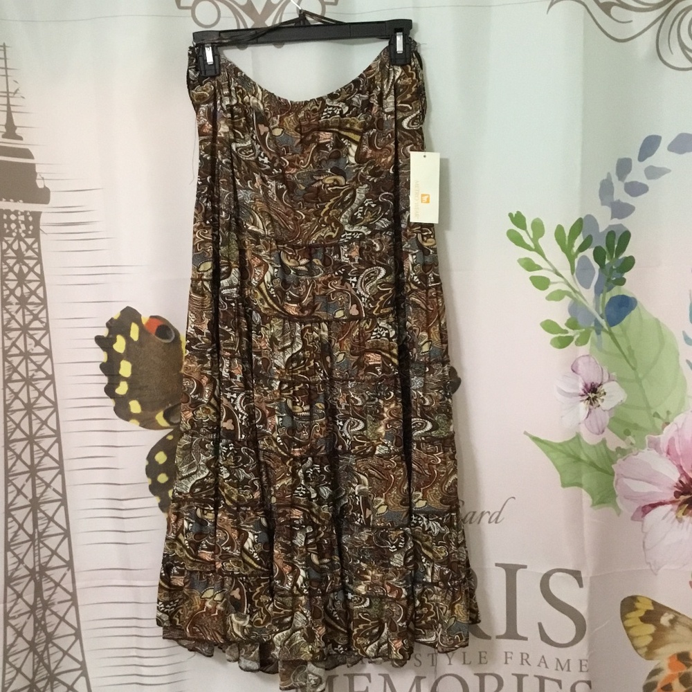 Metro Wear Women's L Brown Paisley Tiered Midi Skirt Stretch Elastic Waist NWT